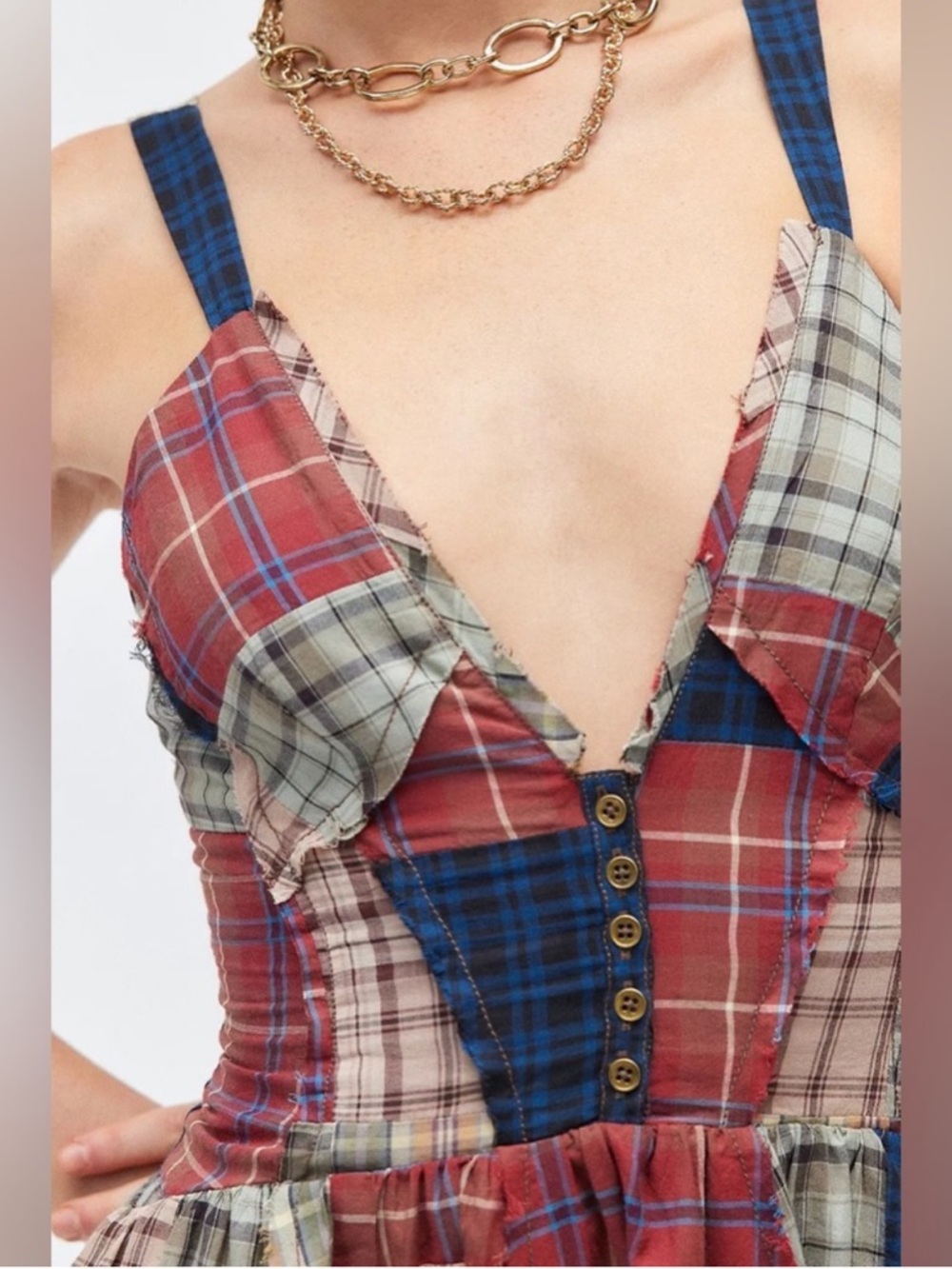 UO BDG Bryn Fit & Flare Mini Dress - Plaid Patchwork Cotton Plunge Dress - Picture 2 of 4